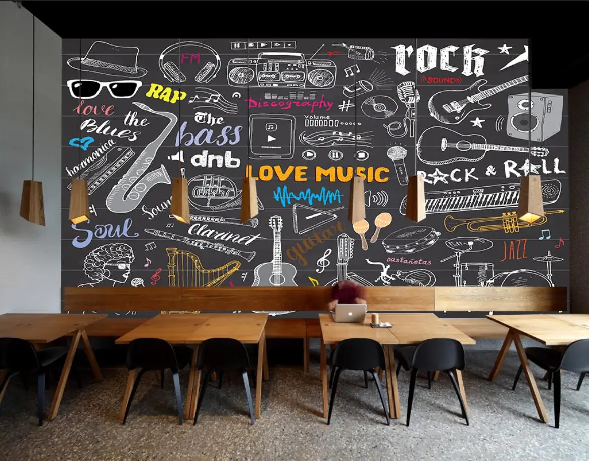 

Custom wallpaper black background walls photo graffiti guitar mural Cafe bar restaurant tooling decorative painting 3d wallpaper