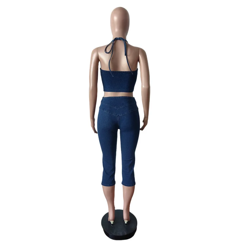 STYLISH LADY Stretch Denim Blue Halter Two Piece Set 2026 Women Zip Crop Top High Waist Capri Pants Sexy Street Jeans Outfit - view 6