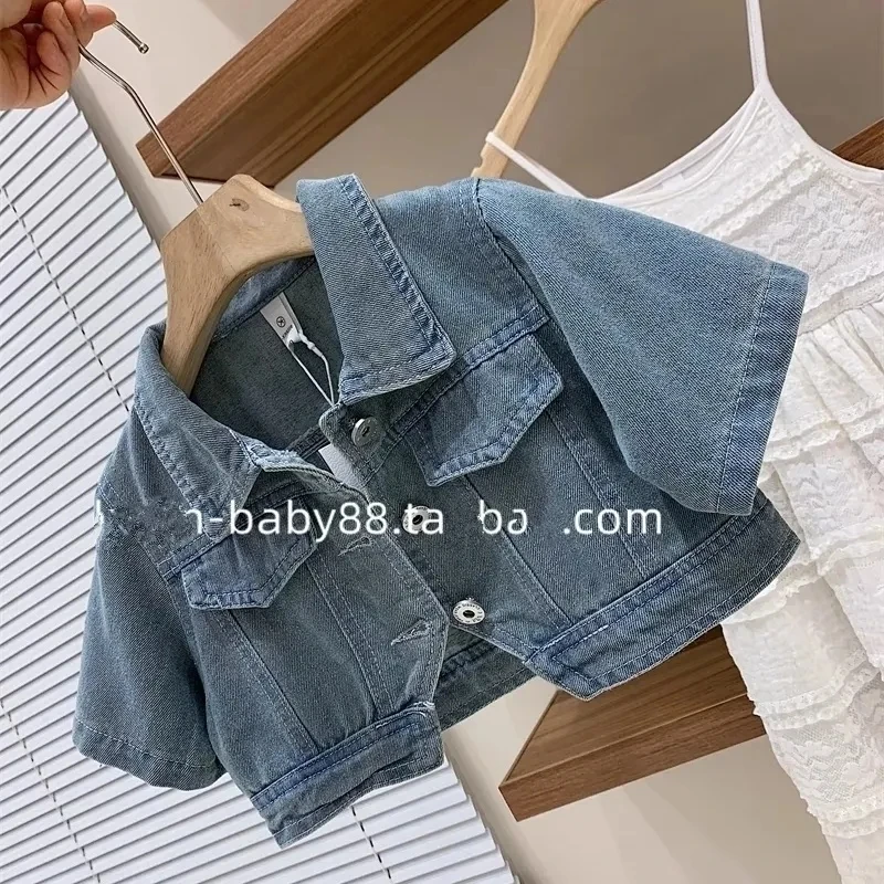 Girls Summer Set New Teenage Girls Bubble Sleeves Short denim cardigan jacket lace suspender skirt set Children\'s clothing set