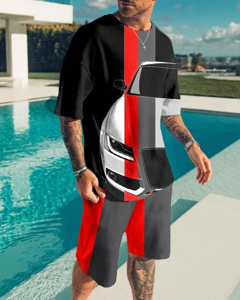 T-shirt da uomo estiva stampata in 3D + pantaloncini 2 pezzi abbigliamento sportivo casual da spiaggia o colletto abito da uomo abbigliamento street element alla moda