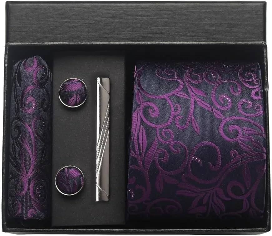 100 % Seidenkrawatte, Paisley-Blumenmuster, Herrenkrawatte, hochwertige Business-Krawatte, Einstecktuch, Krawattenklammer, Manschettenknöpfe-Set, klassisch, für Männer, Geschenkbox