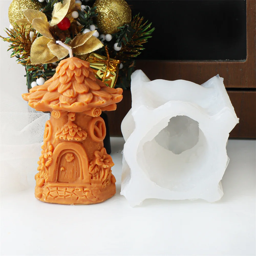 夢のような松の木の妖精の家キャンドル型、シリコーンミニチュアデザイン、DIY石鹸ツール、完璧なアロマキャンドルと石膏工芸品