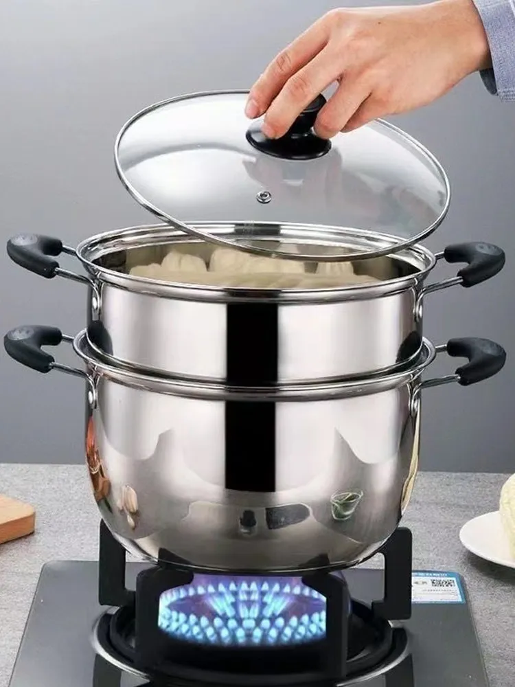 

3-х уровневая штабелируемая кастрюля для пароварки из нержавеющей стали, паровая плита, индукционная, здоровая семейная кухня, пароварка со стеклянной крышкой
