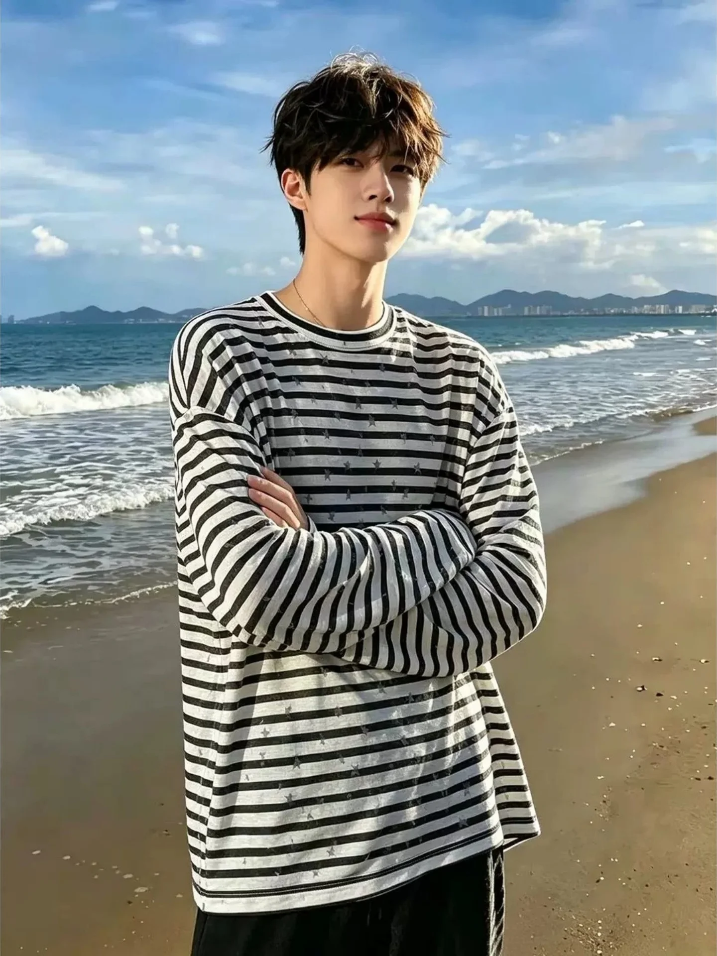 Loose Fit Long Sleeve T-Shirt Men's Spring Summer Thin Casual Loose Couple Sun Protection Cover Shirt Korean Style Striped Pa...