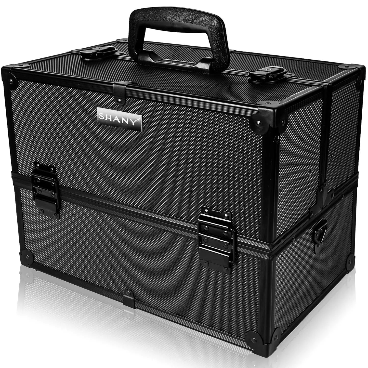 حقيبة مكياج احترافية محمولة مع أقفال ومقصورات متعددة وحزام كتف - باللون الأسود بالكامل