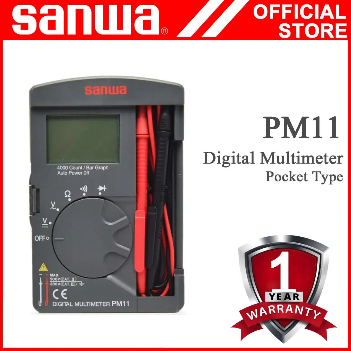 Sanwa PM11 Digital Multimeters Pocket Type Test leads fixing feature to enable one-hand measurement