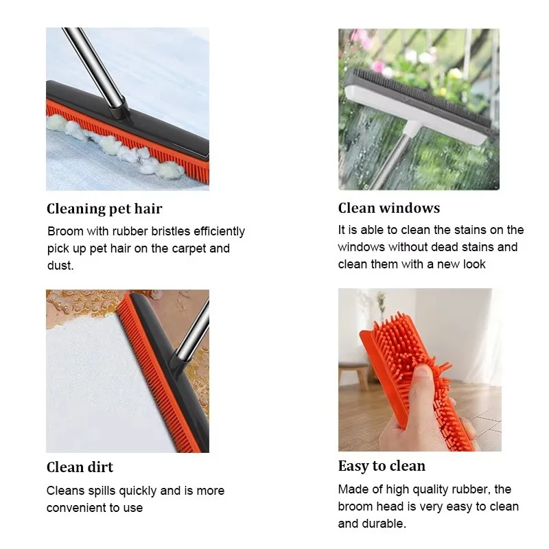 مشط سجادة مكنسة مطاطية مع ممسحة طول قابل للتعديل لمكنسة مزيل فرو شعر الحيوانات الأليفة لسجاد الزغب والأرضيات الصلبة بدون صرا #4
