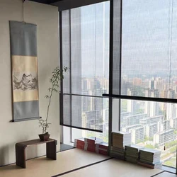 Garden Bamboo Curtains Aqumotic Natural Curtain With Lifter Roller Decoration for Balcony Tea room Shading Wooden Manual Blinds