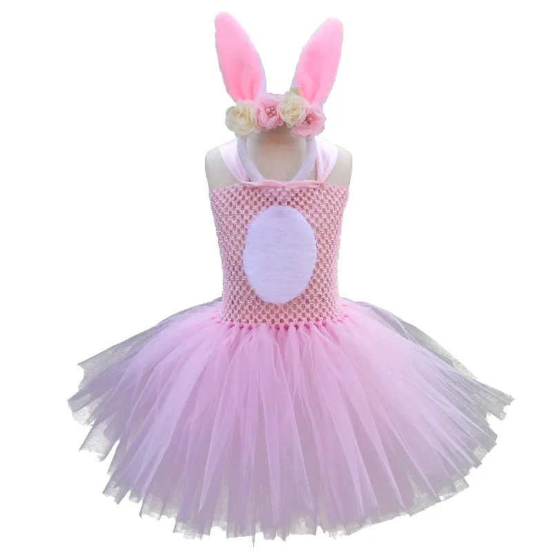 Kids Easter 2-Piece Outfit, Bunny Mesh Tutu Dress + Flower Headband, Soft Mesh Fluffy Princess Dress, Festival Party Costume