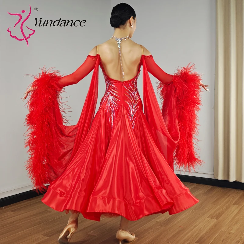 B-25135-2 Yundance Elegante Vrouwen Spandex Ballroom Dans Kostuum Chrisanne Rood Satijn Chiffon Walsdans Jurken voor Concurrentie
