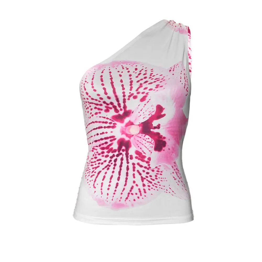 New Floral Print Sleeveless Vest Slanted Collar Casual Tank Top Single Shoulder Fitted Tops Women