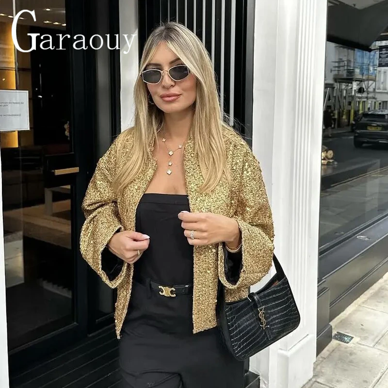 Garaouy 2024 Spring Chic Women Golden Sequin Bomber Jackets Oversized Loose Casual Party Coats Female Street Outwear Mujer Tops