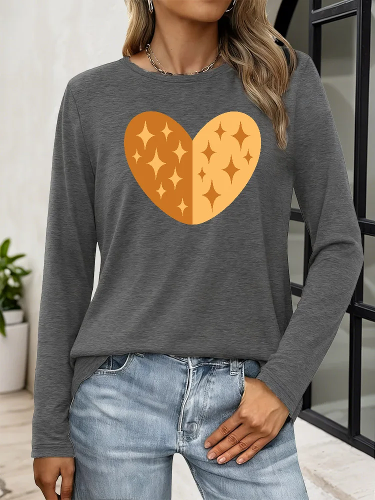 Hart en sterren Dames T-shirt met casual print en lange mouwen Ronde hals Y2K Top Tee Ademende stof voor de lente herfst