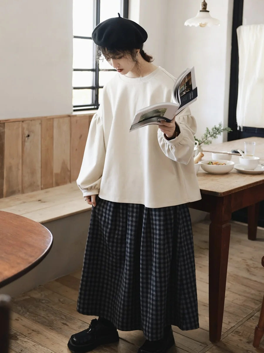 

Autumn Winter Thiened A-Line Plaid Skirt Retro High Waist Midi Skirt Women's Faion Sweet Sle Polyester Cotton Blend