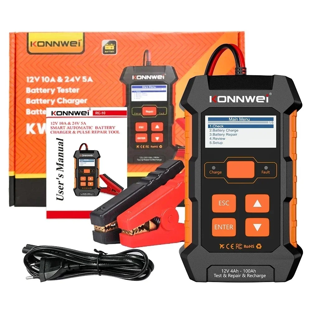 KONNWEI KW520 12V 10A 24V 5A Automatic Car Truck Battery Tester Charger Lead Acid Car Battery Pulse Repair Tool AGM Gel Lithium