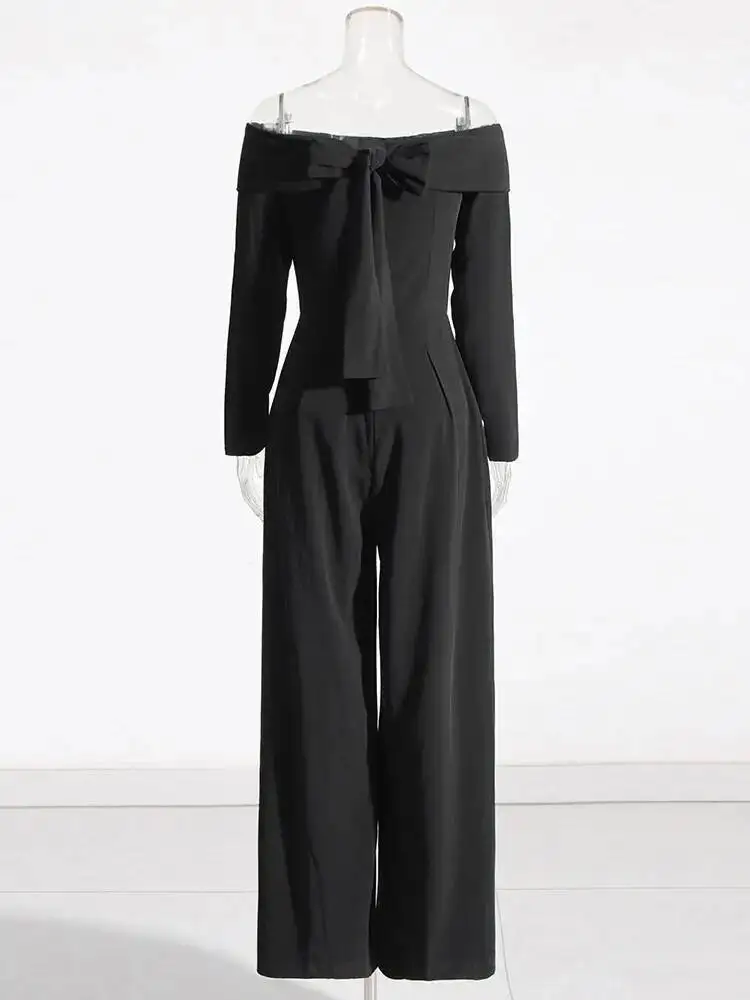 HUISONG-monos con cordones de retazos para mujer, cuello oblicuo, manga larga, cintura alta, pantalón de pierna ancha, mono liso, moda femenina