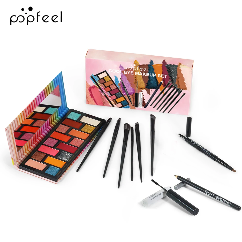 POPFEEL Ensemble de maquillage fard à paupières nu et couleur 16 couleurs - Combinaison complète de maquillage pour les yeux avec eye-liner, mascara, crayon à sourcils, pinceaux.