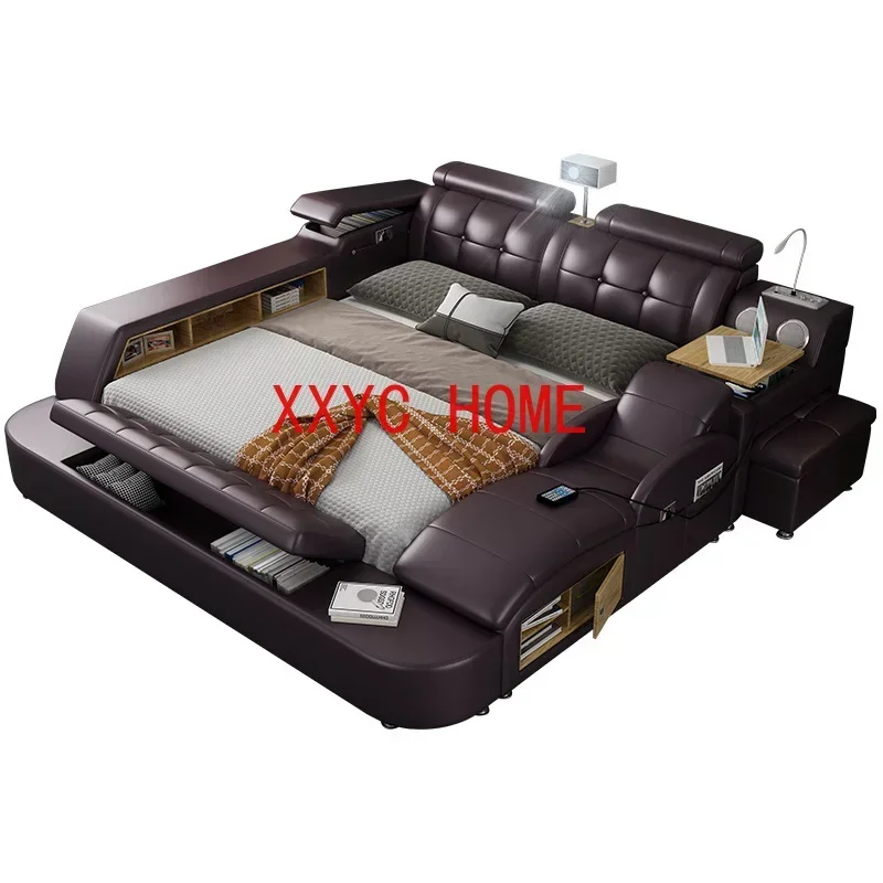

King High End Double Bed Aesthetic Master Multifonction Luxury European Bed Frame Genuine Leather Letto Matrimoniale Furniture
