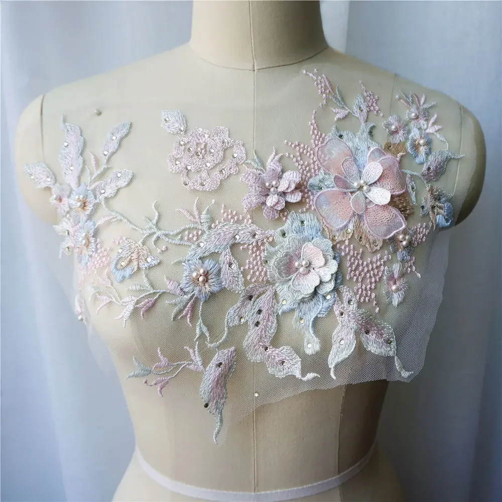 Black Blue Gold 3D Flower Lace Fabric Beads Rhinestone Embroidered Gown Appliques Collar Sew Patch For Wedding Decor Dress DIY