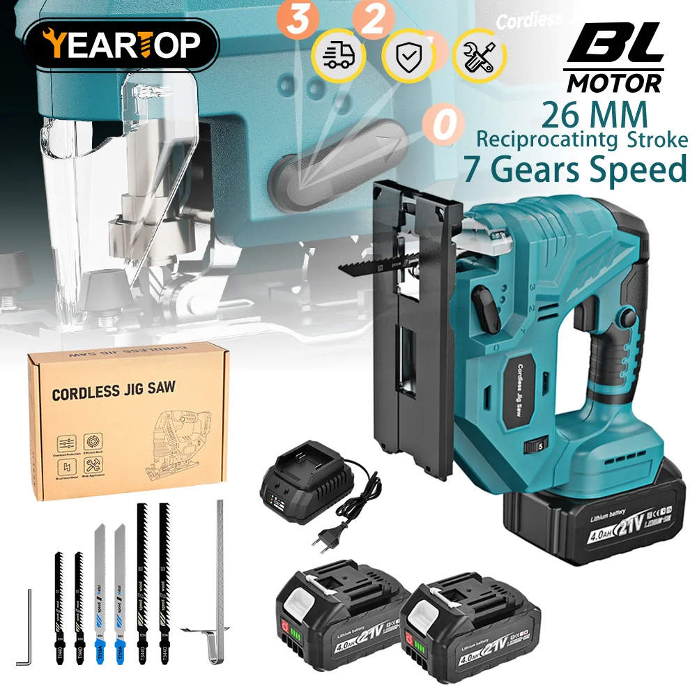 

YEARTOP 26mm 4 Mode Brushless Electric Jig Saw Jigsaw Cordless Handheld Saw Wood&Pipe Cutting Power Tool For Makita 18V Battery