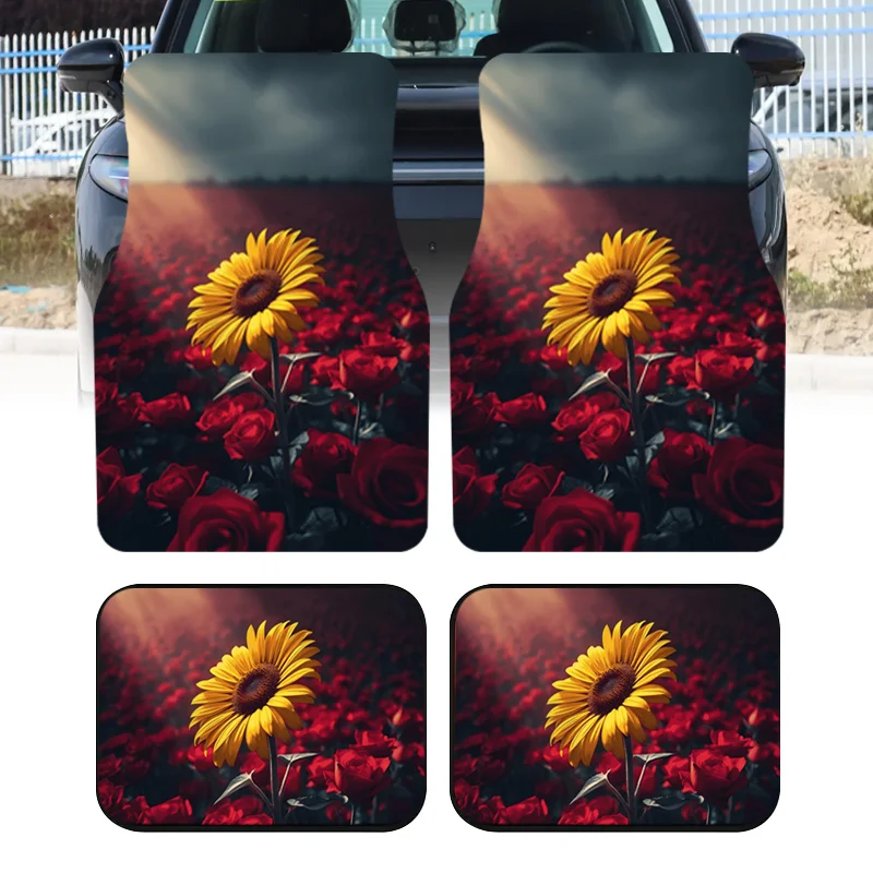 2pcs/4pcs Vibrant Sunflower And Red Rose Themed Car Floor Mats, Universal Car Interior Mats, Made Of Durable, Suitable For Vario