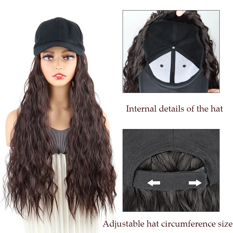 Women's Adjustable Curly Synthetic Wig Hat with Baseball Cap,Instant Water Wave Hair Extensions for Daily&Party