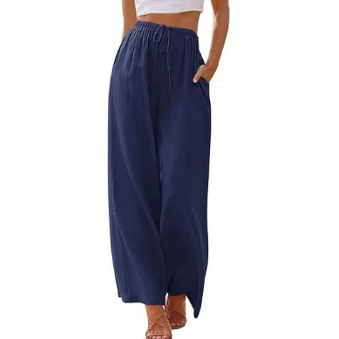 Pantalon en lin pour femmes, taille haute, jambes larges, coupe ample, Palazzo, poches élastiques, décontracté, plage, vacances, été, 2025
