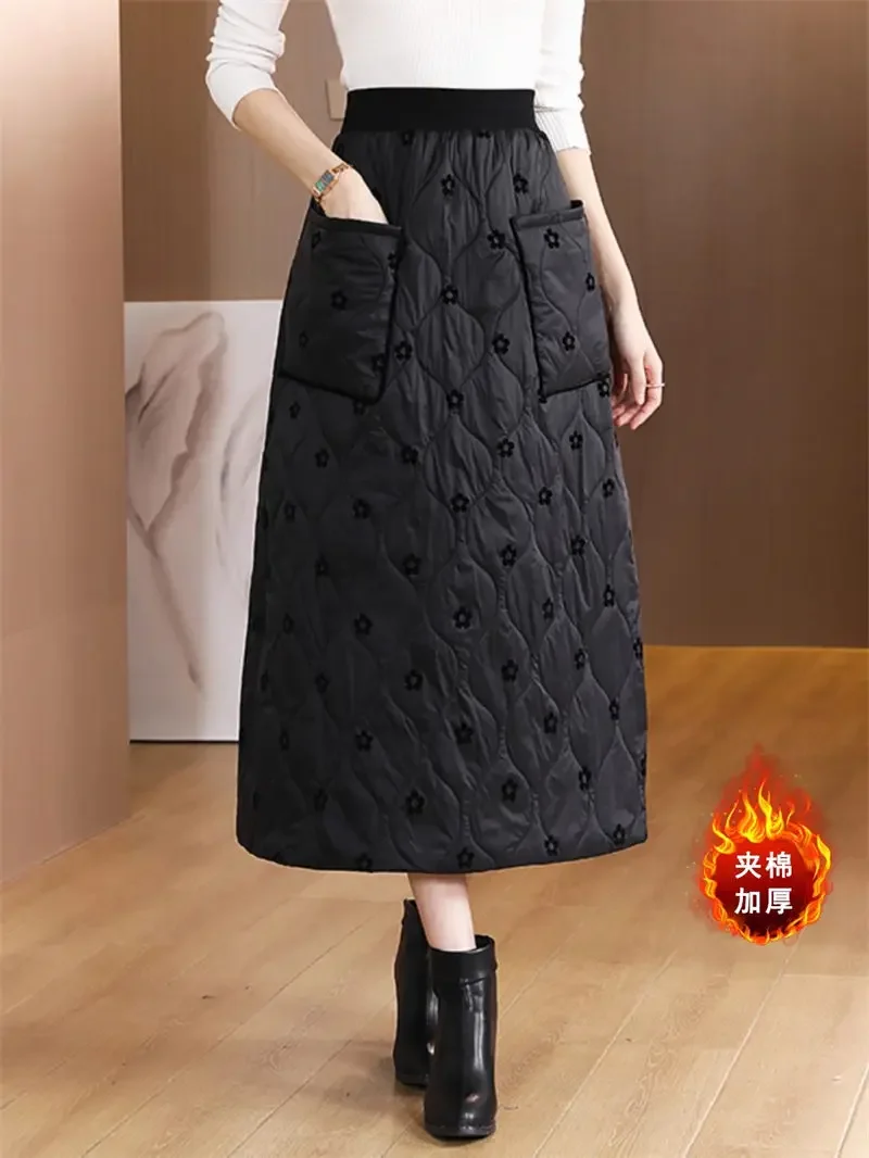 

Хлопковая юбка с узором на пуху, женская утолщенная зимняя ветрозащитная теплая длинная юбка трапециевидной формы с высокой талией и вертикальными карманами