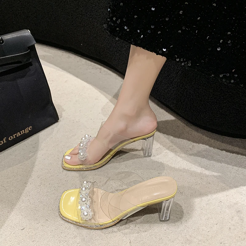 2026 Summer Elegant Transparent Chunky Heel Shoes Luxury Pearl Decoration Square Head Slippers Ladies Sandals Large Size 34-40 view 3