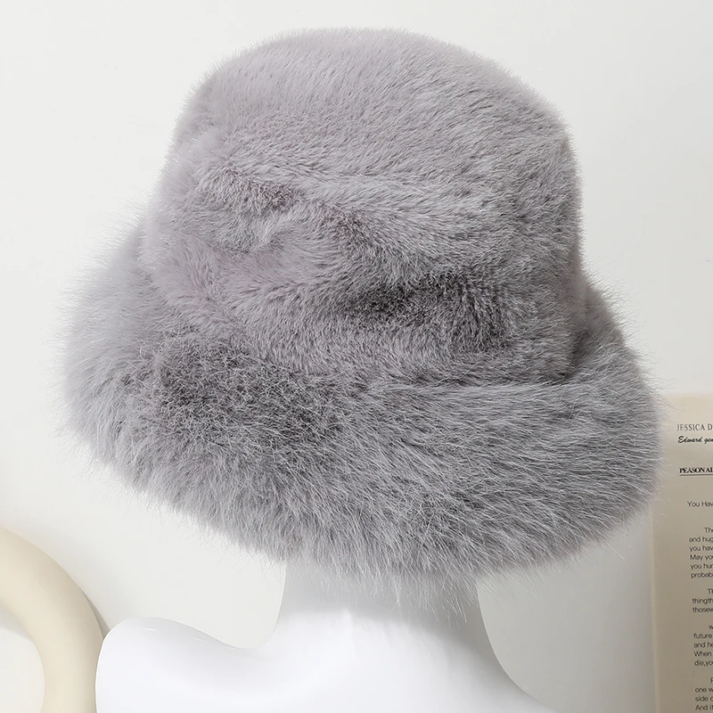 Große Faux Pelz Eimer Hut für Frauen Dicke Plüsch Warme Schöne Flauschigen Winter Hut Dame Luxus Mode Pelzigen Panama Fischer Kappe – Detail 16