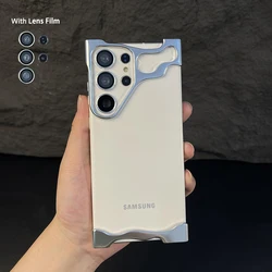 Luxury Irregular Aluminum Alloy Bumper Phone Case For Samsung S25 S23 S24 Ultra Plus With Lens Film Alien Metal Shockproof Cover