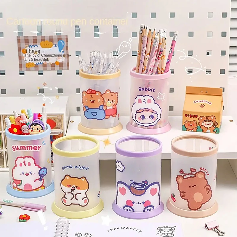 Round Pencil Holder Large Capacity Stationery Gifts Pen Storage Box Study Accessory Cartoon Pen Container Desk Organization