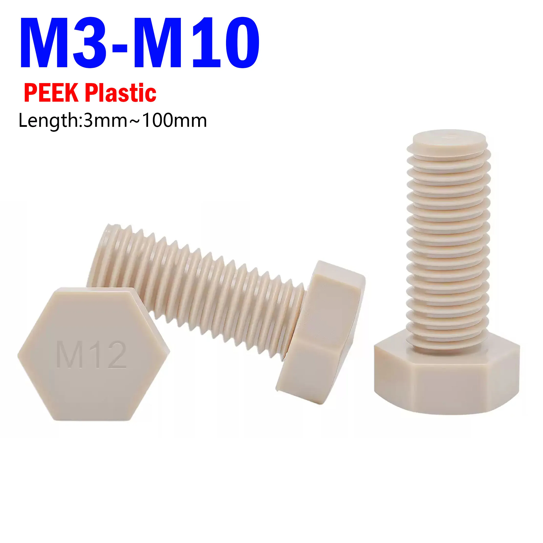 M3 M4 M5 M6 M8 M10 PEEK Plastic DIN933 External Hex Screw Outer Hexagon Head Bolt Lengthen Thread 3-100mm