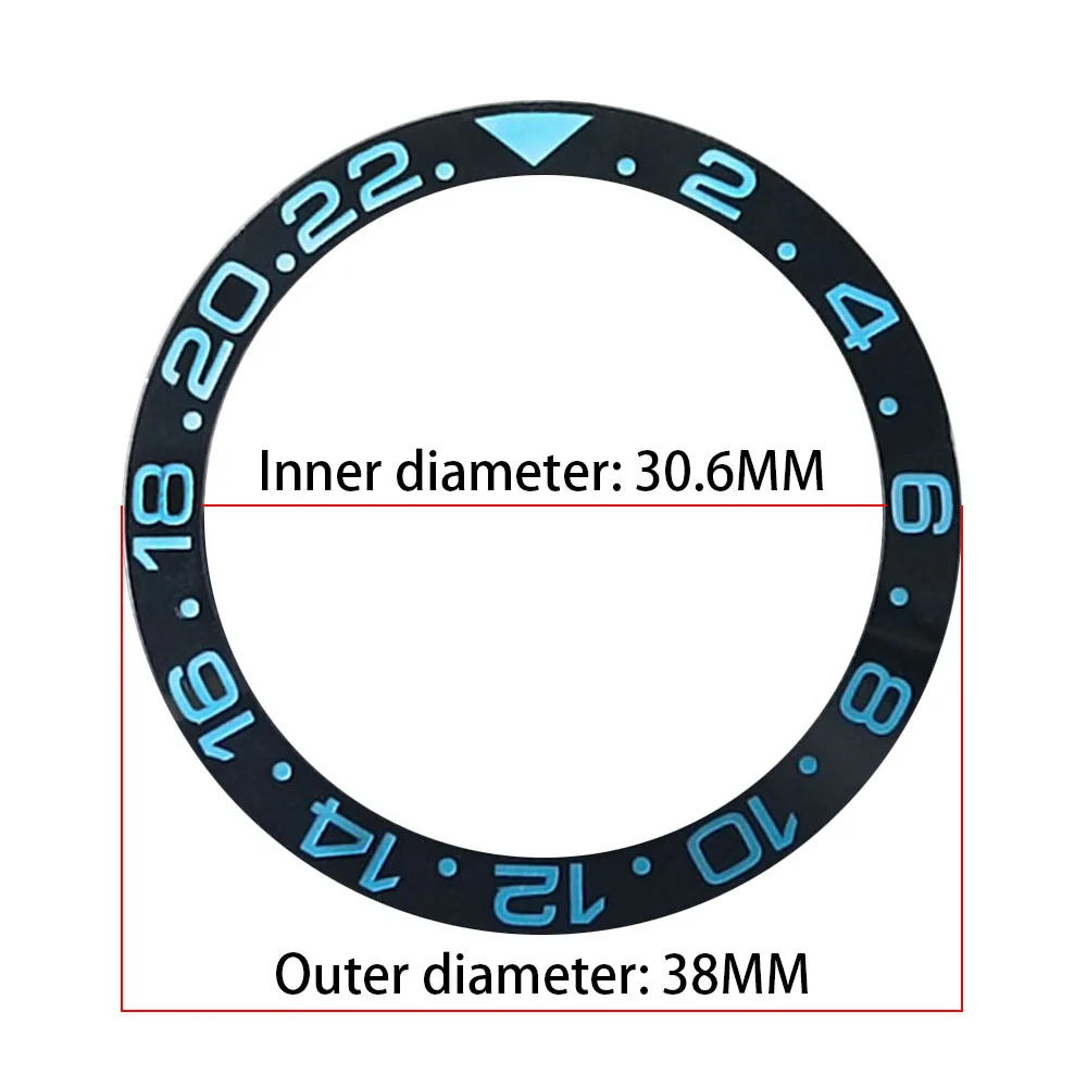 Inserciones de reloj de buceo y GMT con bisel luminoso de cerámica/aluminio inclinable, 38mm x 30,6mm, adecuado para reloj de hombre de 40mm,