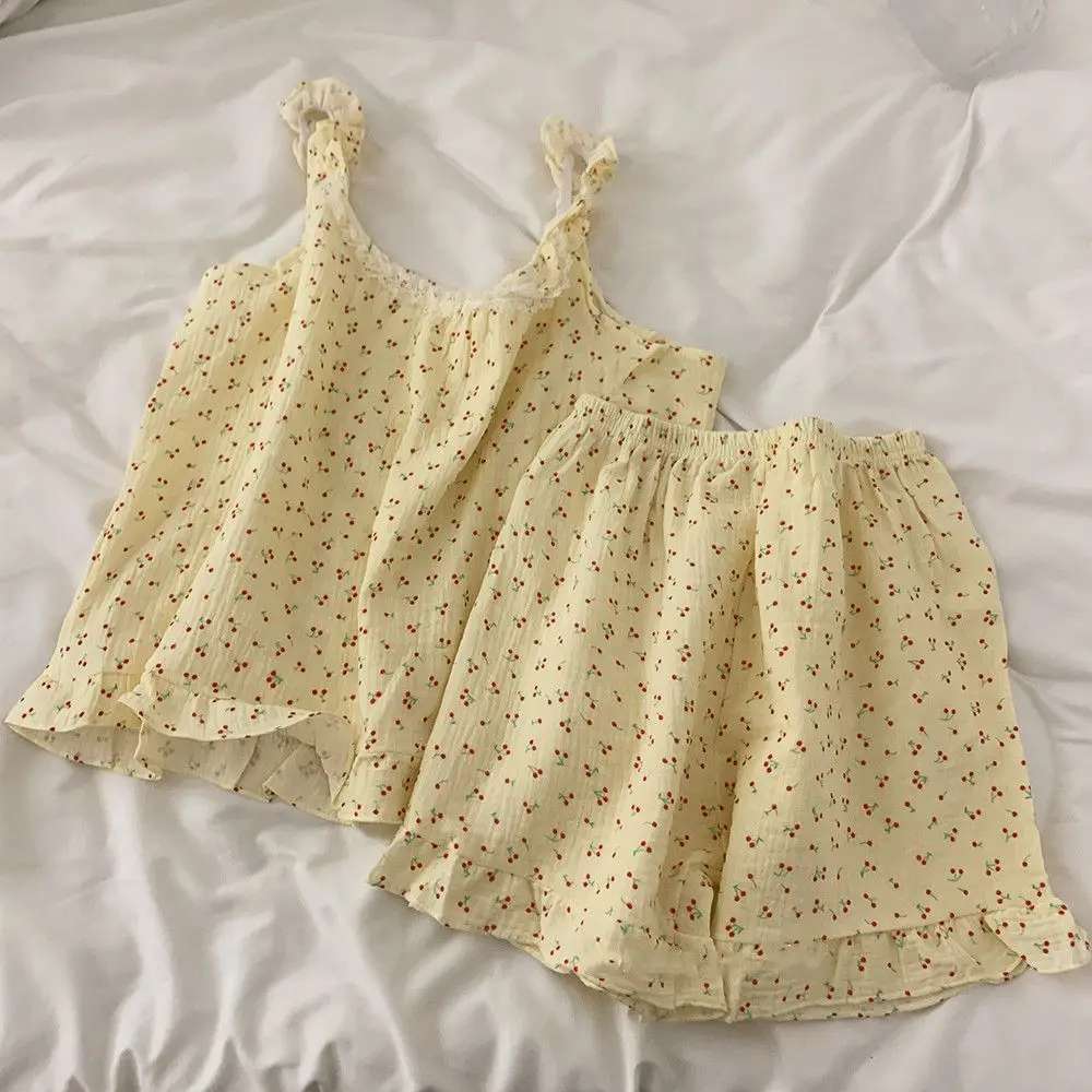 

Прекрасная милая вишневая одежда для сна большого размера с цветочным принтом на подтяжках для девочек, сексуальный летний тонкий дизайн для женщин, тонкий дизайн для домашней одежды