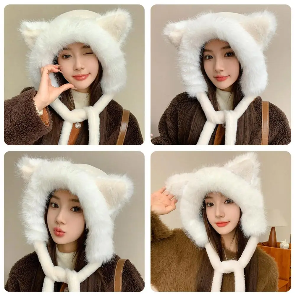 Cute cat Ear Plush Hat women's New Autumn Winter Thick Face Ear Knitted Warm Furry Hat Hat Show Small Protection C2F7