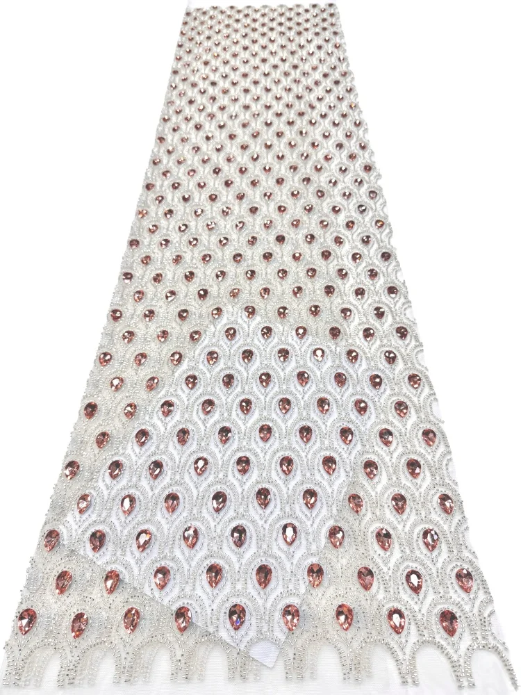 African Rhinestone Sequins Bead Embroidered French Mesh Fabric Lace  Handmade Heavy  Lace Fabric Fro Bridal Weddin