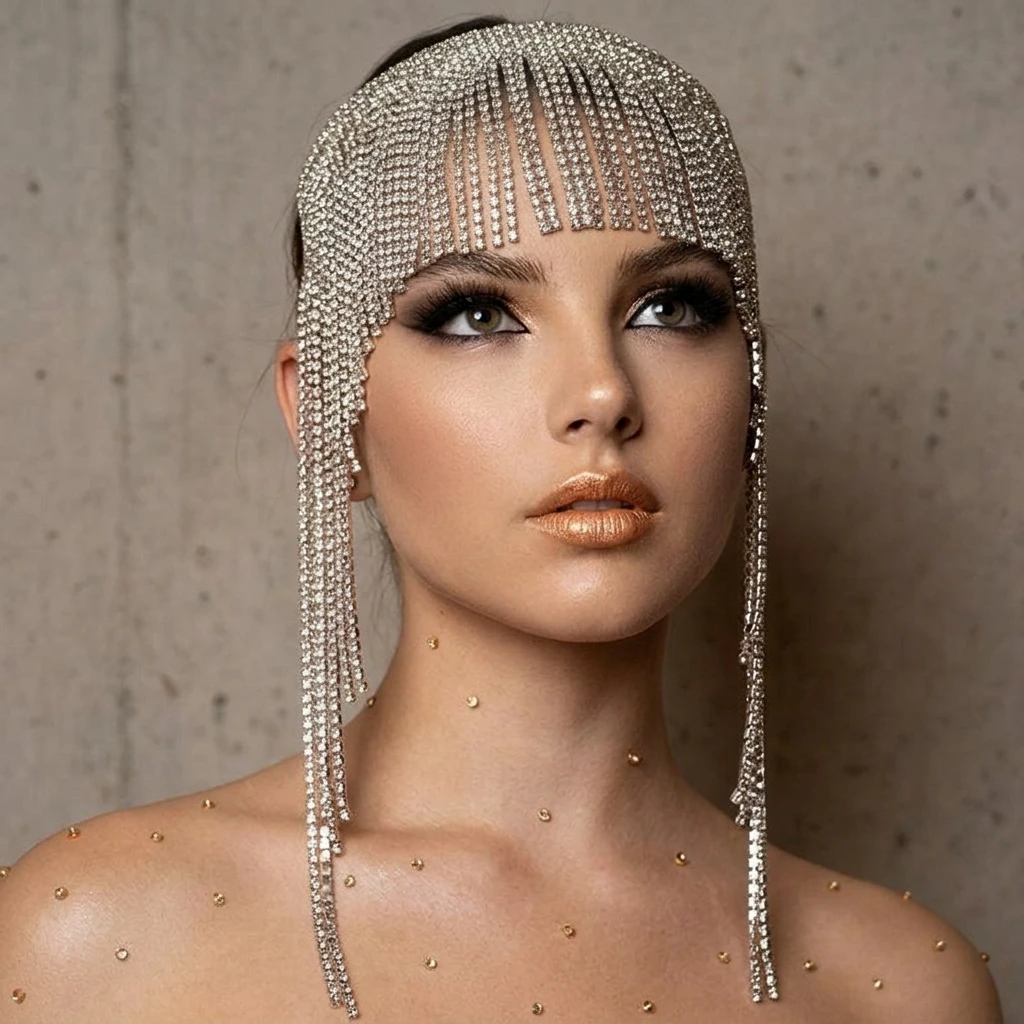 Multi-Row Rhinestone Fringe Headpiece Elastic Alloy Hair Chain for Stage Performance