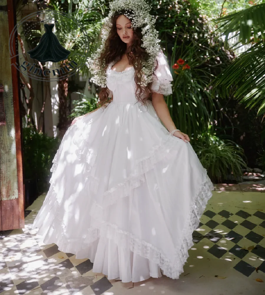 2026 White Cottagecore Wedding Dress Puff Short Sleeve Lace Ruffle Tiered Boho Bridal Gowns Fairy Celtic Garden Country Mariage