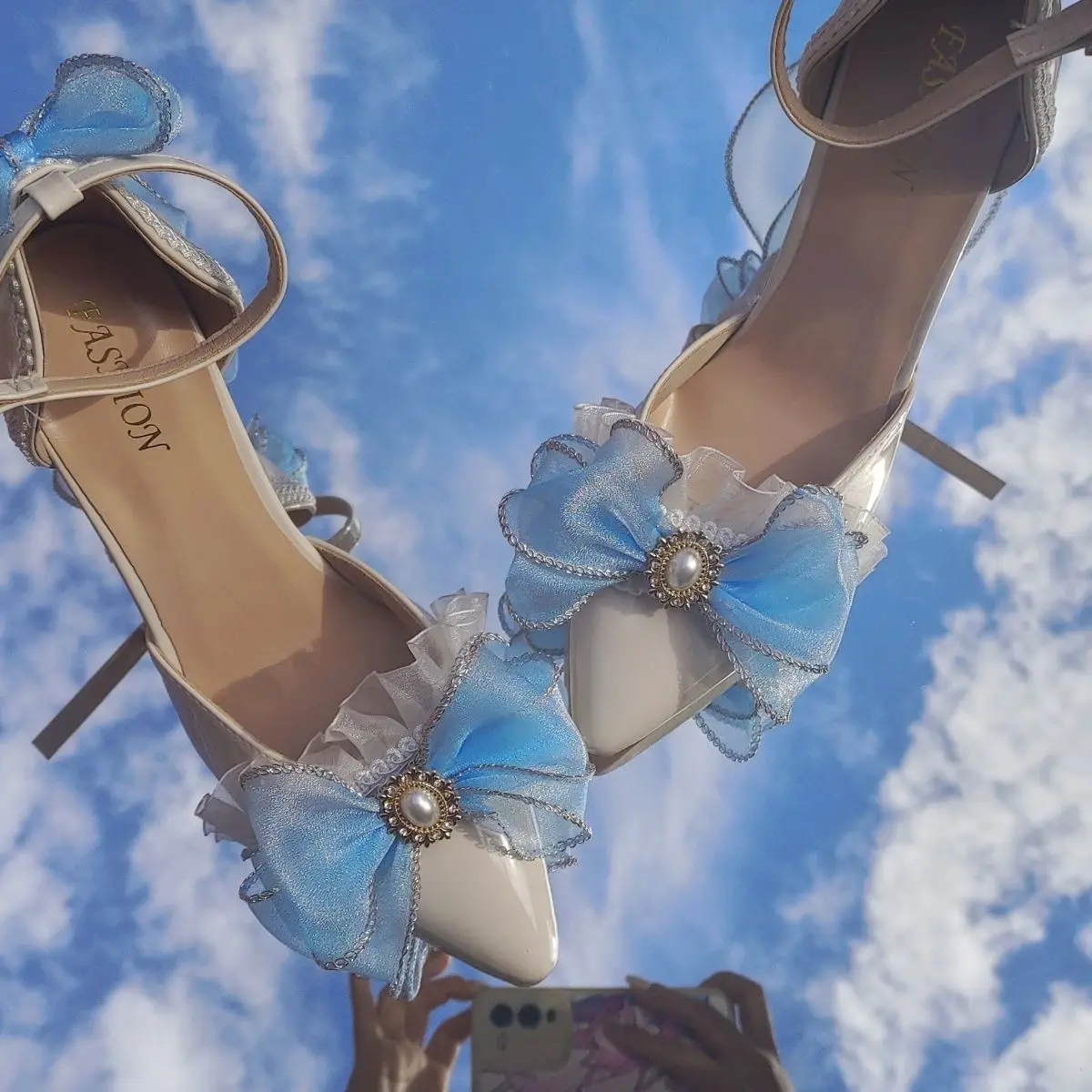 

Women's Lolita Hand-Made High Heels Blue Wedding Shoes Flower Support Customization
