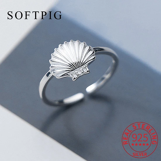 SOFTPIG Real 925 Sterling Silver Shell Adjustable Ring For Fashion Women Party Cute Fine Jewelry Minimalist Bijoux