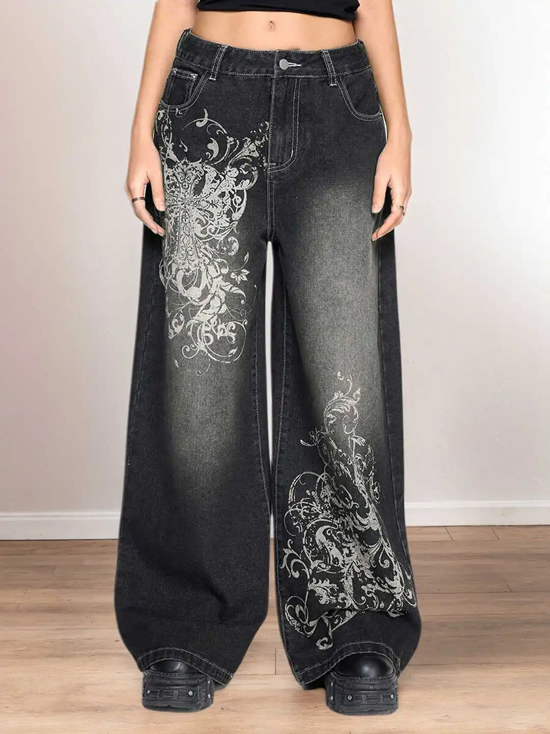 Women's Jean Baggy Denim Pants Dark Academia Y2K American Retro Embroidery Wide Fit Cowboy Mom Jeans Japanese Harajuku Long New