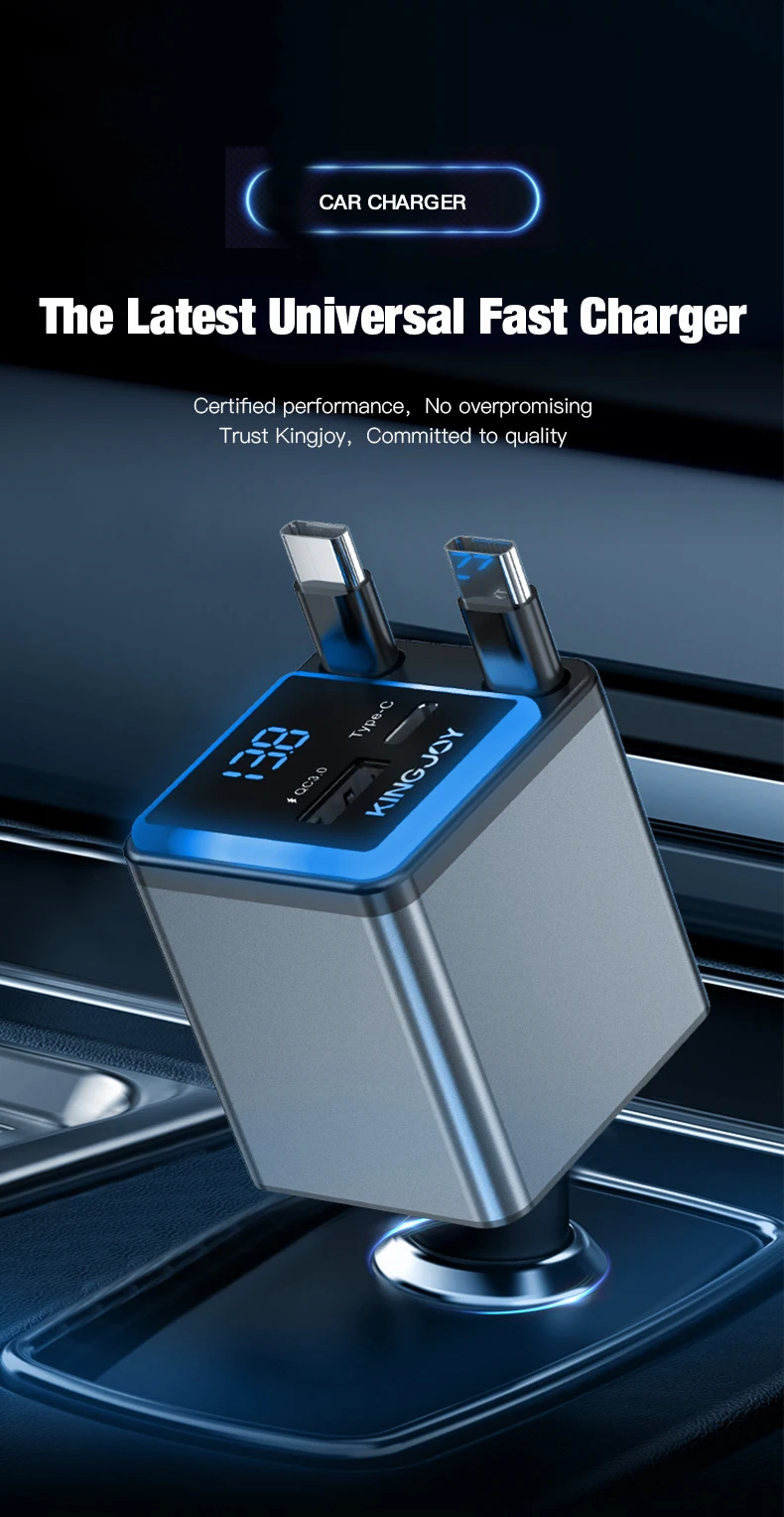 

4in1 141W Retractable Ultra-Fast USB Car Phone Charger with Intelligent Digital Display and Dual PD Ports for Voltage Display