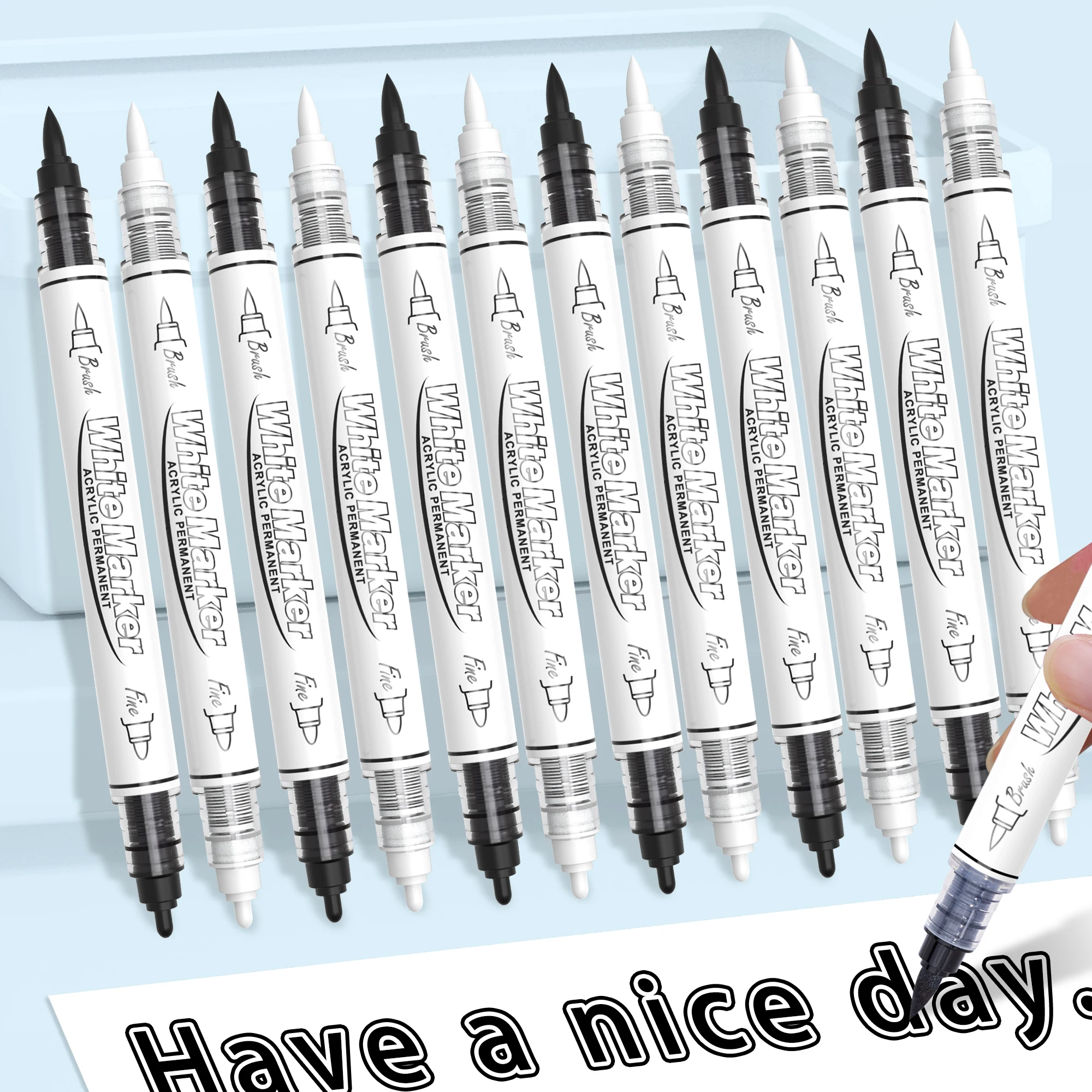 12Pcs Black/White Acrylic Paint Markers Double Tips Large Capacity Ink, for Rock Stone Painting Card‑Making DIY Art Crafts