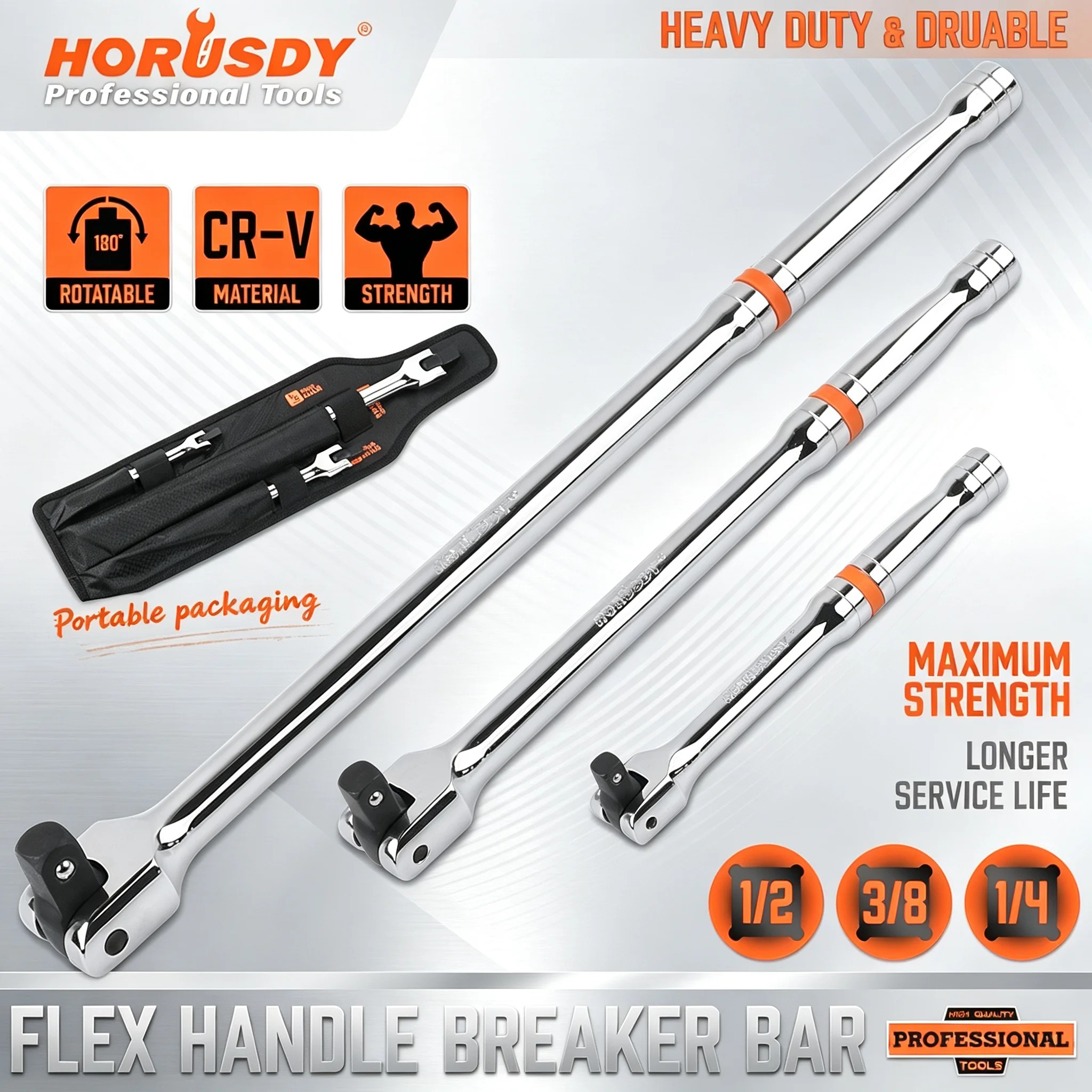 HORUSDY 3Pcs Breaker Bar Set 180° Rotatable Head 1/4 3/8 1/2 Drive 6 10 15 Inch CR-V Steel Heavy Duty Auto Repair Hand Tools