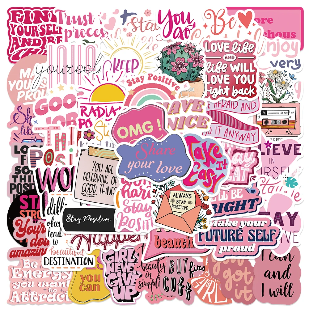 50Pcs Pink Motivational Phrase Doodle Sticker DIY Aesthetic Motorcycle Phone Skateboard Laptop Sticker Decal Classic Kids Decals