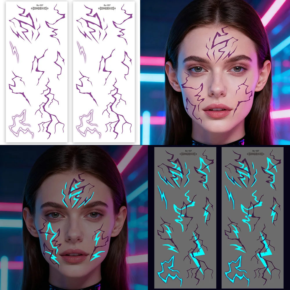 4 Sheets Kpop Style Luminous Temporary Tattoos | Dark Gothic Girl Group Blue Lightning Vein Pattern | Waterproof Full Arm Body A