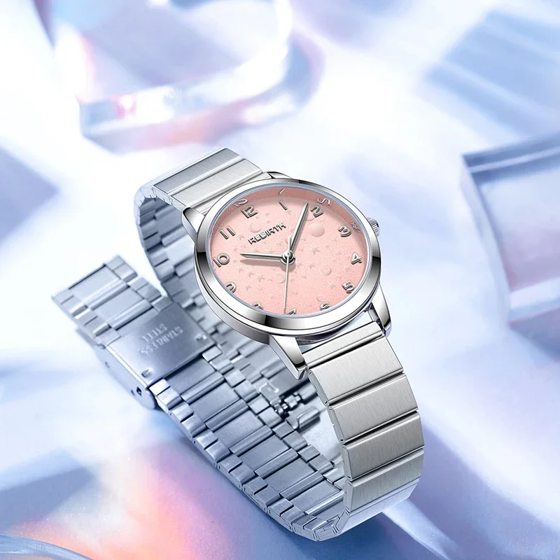 

REBIRTH Кварцевые наручные часы для женщин Женские наручные часы из нержавеющей стали Женские часы Серебристо-розовый браслет Нарядные часы