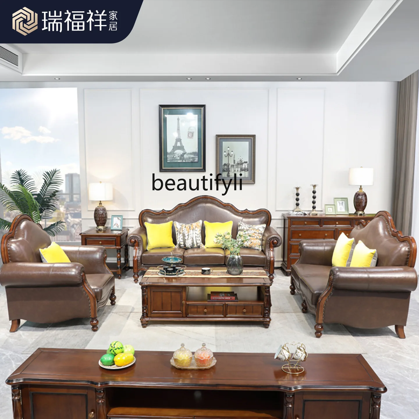 American leather sofa living room first layer cowhide sofa European sofa combination 123