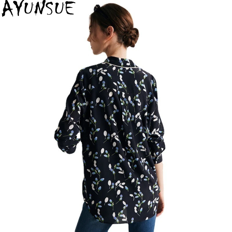 AYUNSUE بلوزة من حرير التوت الطبيعي عالية الجودة بأكمام طويلة للنساء بلوزات للمرأة أنيقة Blusas De Mujer